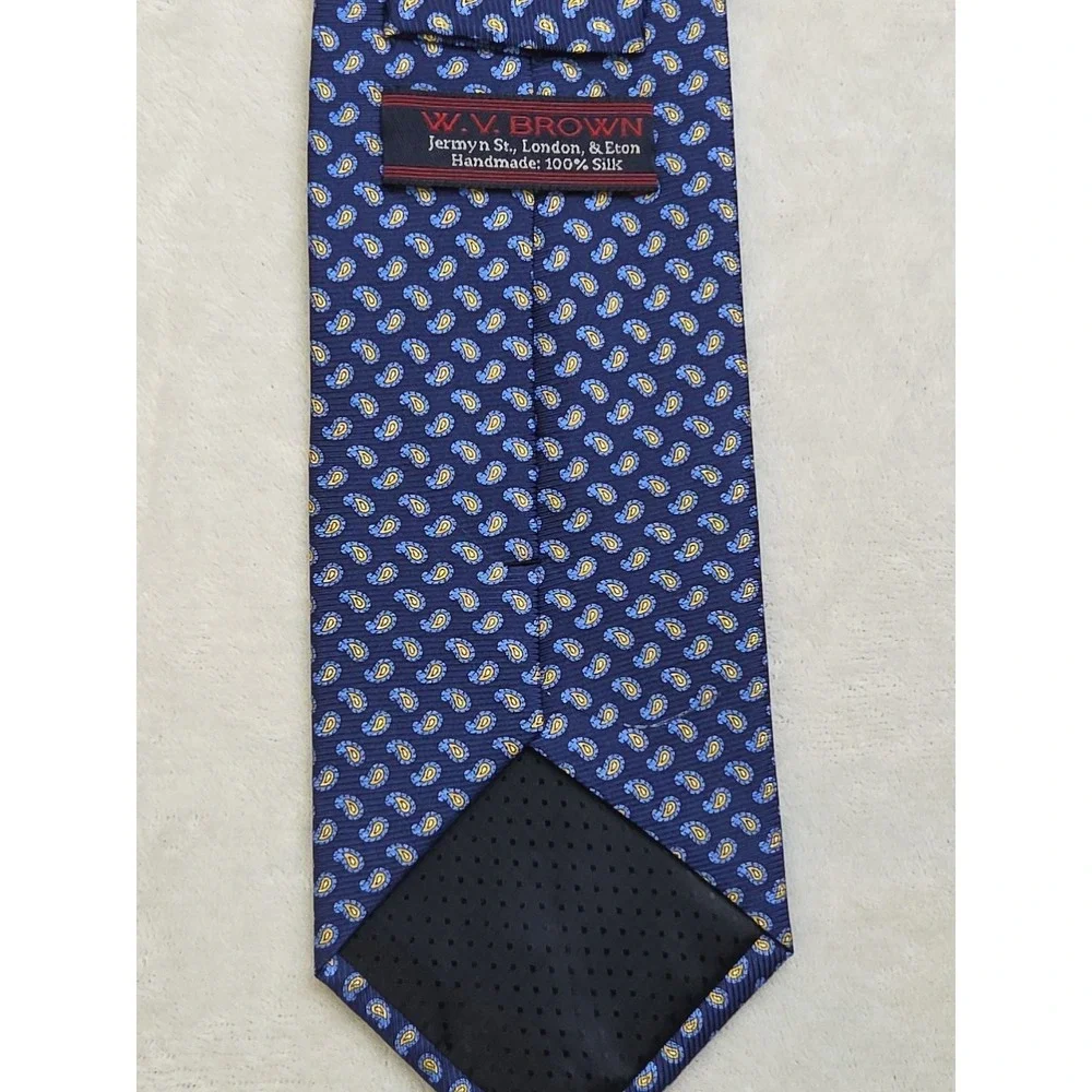 W.V. BROWN Jermyn St. London Handmade Paisley 100% Silk Tie‎ Blue Yellow